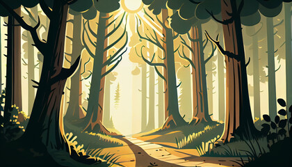 Cartoon illustration of A peaceful forest with a sun, generative Ai - 577088649