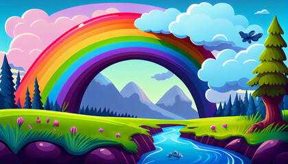 Cartoon illustration of a rainbow after a rainstorm, Generative Ai	