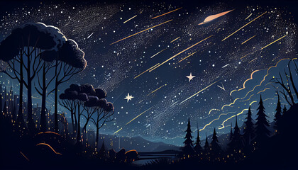 Cartoon illustration of a starry night sky, generative Ai - 577088684