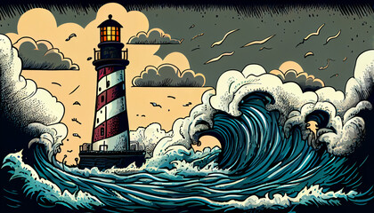 Cartoon illustration of a stormy sea with towering, generative Ai - 577088695