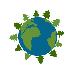 Earth Day vector illustration. Earth Planet with green trees. International Day of Forests. An environmental problem. Climate change, world pollution. Earth Day natural concept, forest day.