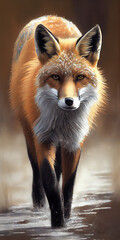 Oil painting art poster, generative Ai of red fox 