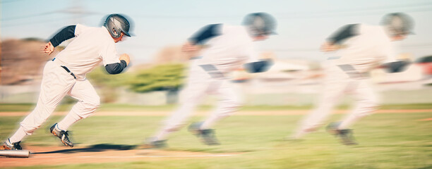 Running, sports and baseball with man on field for fitness, training and speed for home run....