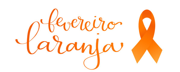 Orange February in portuguese Fevereiro Laranja, Brazil campaign for leukemia awareness banner. Handwritten calligraphy lettering vector