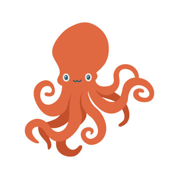 Octopus vector flat illustration, isolated on white background. Seas and oceans, underwater world. Sea creatures. Cute red octopus, poulpe with eight tentacles illustration. Aquatic marine icon.