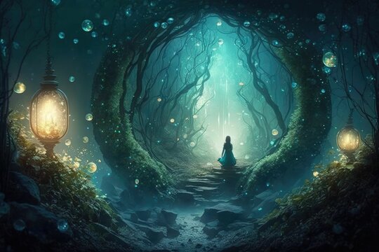 trees at night forest gorl alone in the dark generative ai