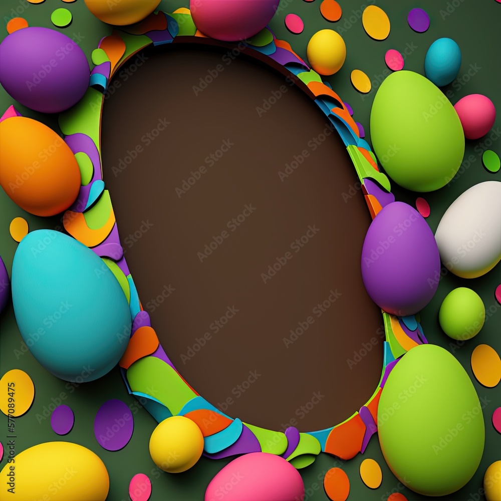 Poster a circle of colorful balls and confetti on a green background with a brown center surrounded by smal