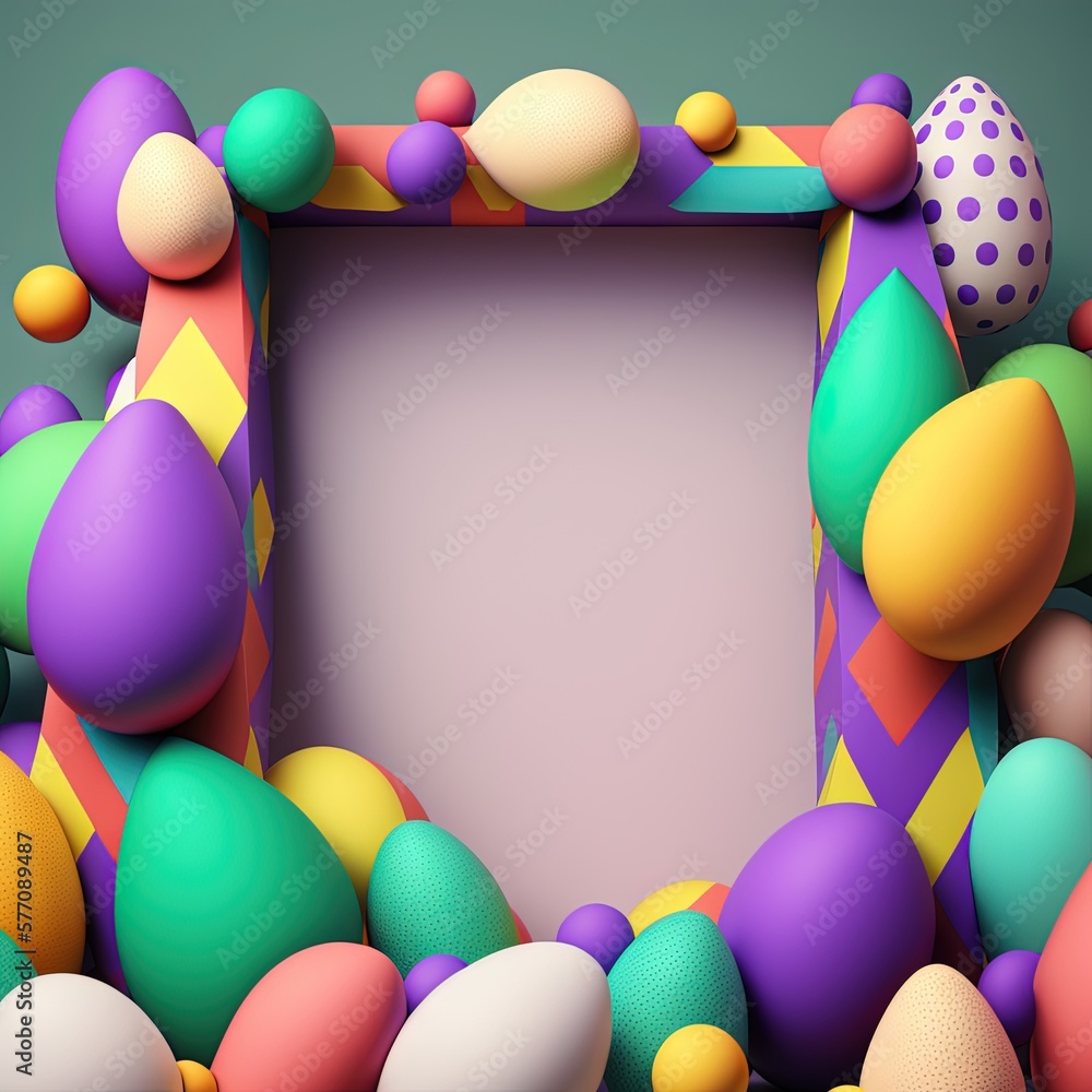 Poster a picture frame surrounded by colorful balls and a polka . generative ai