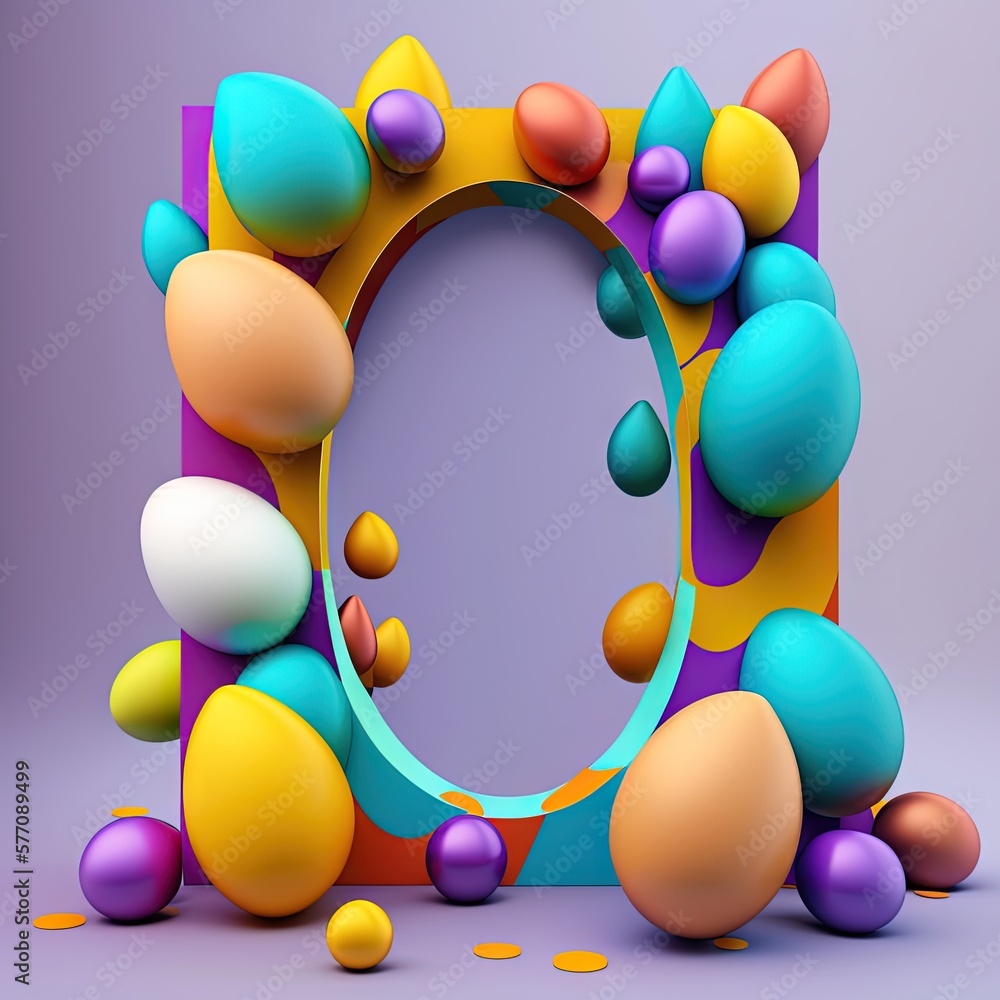 Poster  a colorful photo frame surrounded by balloons and confetti on a purple background with a blue circle in the middle of the frame and a purple circle in the middle.  generative ai