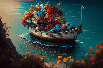 Obraz premium Colourful flowers blooming on a boat sailing in the sea. Created with generative AI technology.
