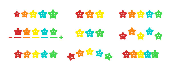 Fototapeta premium Rating scale. Cute rainbow colored emotional stars. Set of colorful flat icons. Sad and happy mood, vote scale set. Scale of satisfaction, mood faces. Survey, customer emotion feedback.
