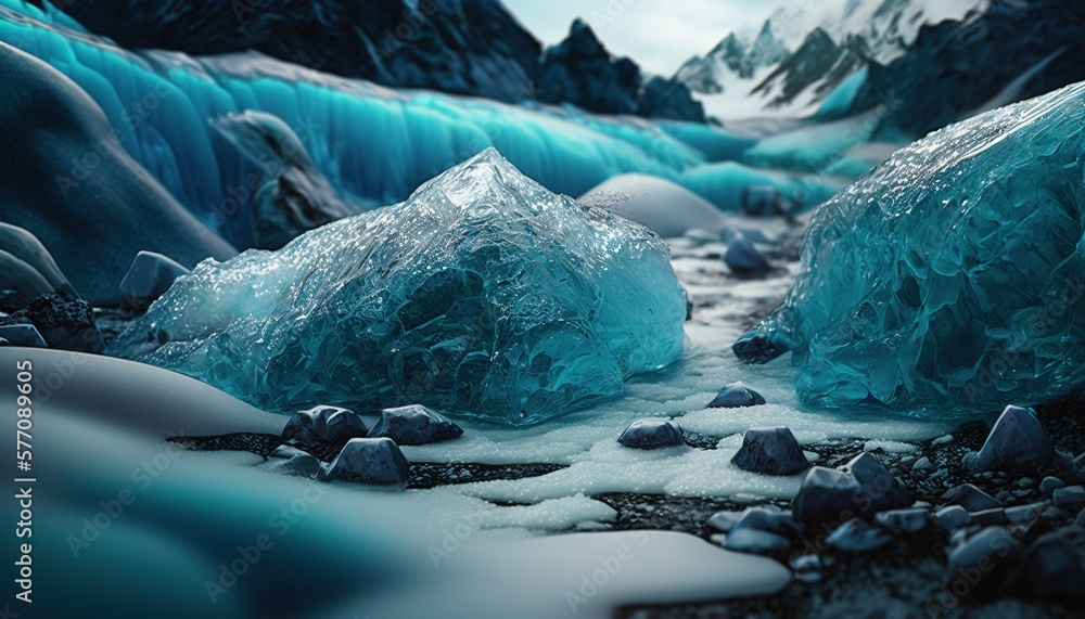 Aufkleber a stream of water with ice and rocks on the side of the stream and a mountain in the background with