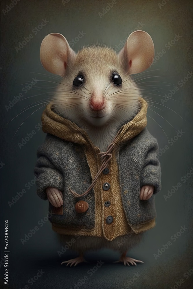 Poster a mouse wearing a coat and a hoodie with a button on it's chest and eyes wide open, standing in fron