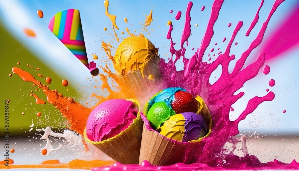 Aufkleber a group of ice cream cones with colorful paint splashing out of them on a white surface with a blue 