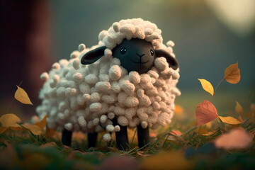 Obraz premium Cheerful Sheep Amongst Autumn Leaves in a Sunny Forest
