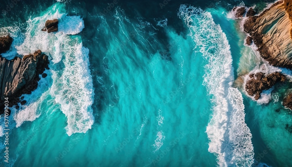 Aufkleber an aerial view of the ocean with waves crashing on the rocks and the water crashing on the rocks and