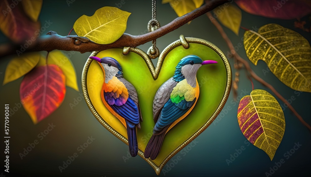 Poster a couple of birds sitting on top of a green heart shaped tree branch in front of a leaf filled tree 