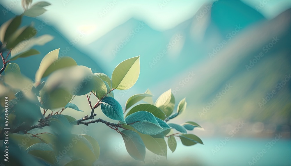 Poster a tree branch with leaves and a mountain in the background with a lake in the foreground and mountai