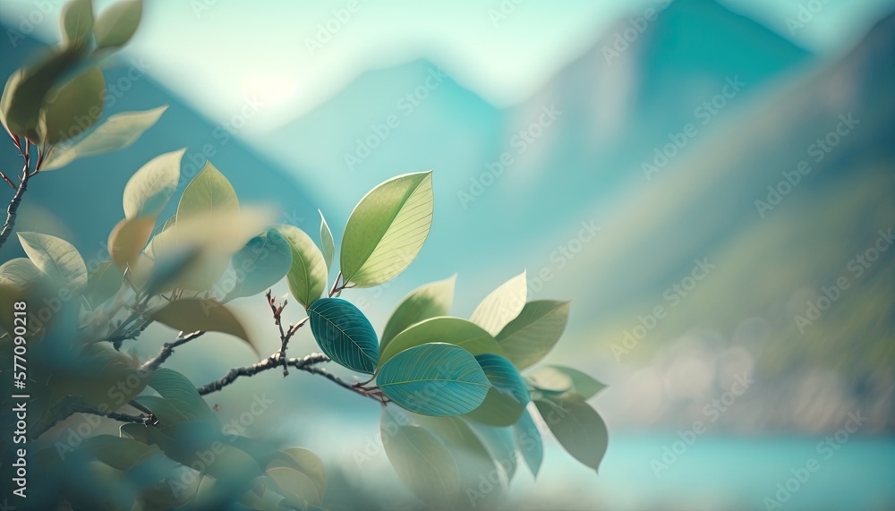 Poster a close up of a tree branch with leaves on it and mountains in the background with a lake in the for