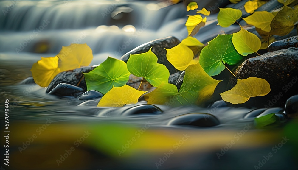 Poster a stream of water with leaves floating on it's sides and a waterfall in the background with rocks an
