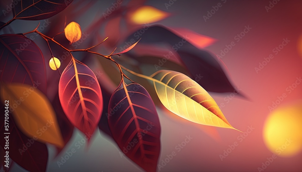 Poster a close up of a leafy branch with bright lights in the background of the image and a blurry image of