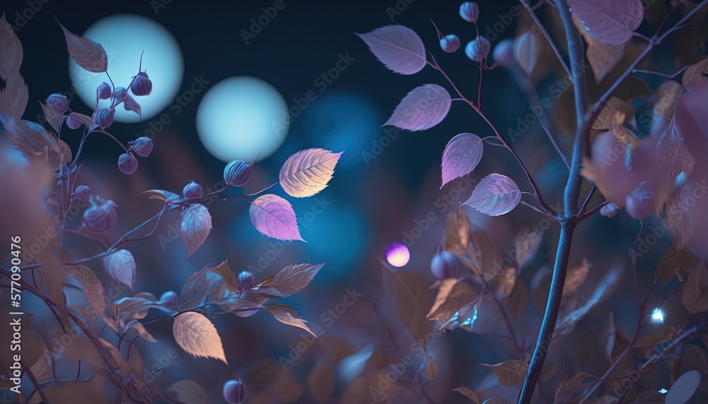 Poster a close up of a tree with leaves and a blue light in the background of the image is blurry and blurr
