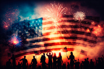Fototapeta na wymiar People celebrating the 4th of July. Flags and fireworks. Generative AI