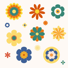 Flower 70s element, retro flower collection design, groovy floral, Collection of different flowers in a hippie style