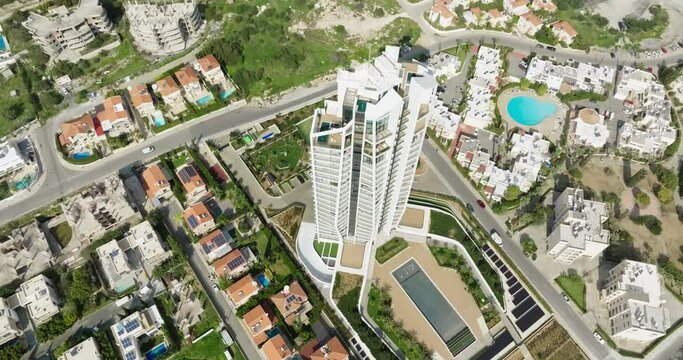 Aerial view of the cityscape of Limassol, Cyprus. Architecture with new buildings and historic ones in the city center. High-rise urban landscape. High quality 4k footage