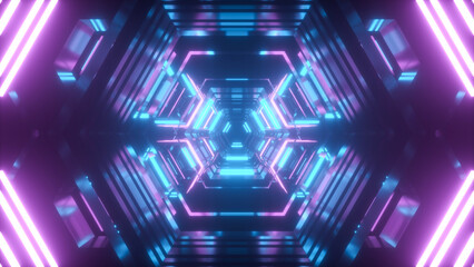 Space tunnel in technologically futuristic style with neon glow - 3D illustration