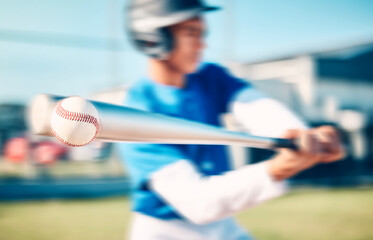 Baseball, game and man with training, speed and outdoor for exercise, blurry and wellness. Male athlete, guy and athlete with bat, health and hit a fast ball, practice and routine on field or workout
