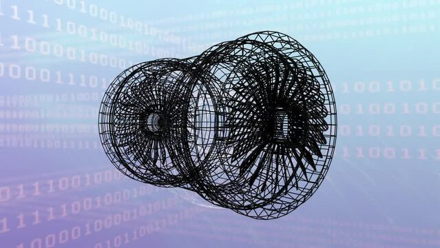 Animation of 3d engine spinning over binary coding