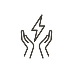 hands and electricity vector thin line outline icon illustration. Image for electricity, saving energy, sustainability, renewable alternative energies, using electricity