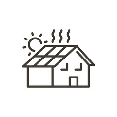 Solar panel on the roof of a house vector thin line icon with the sun. Sustainable, eco friendly, alternative energies, future technology outline illustration