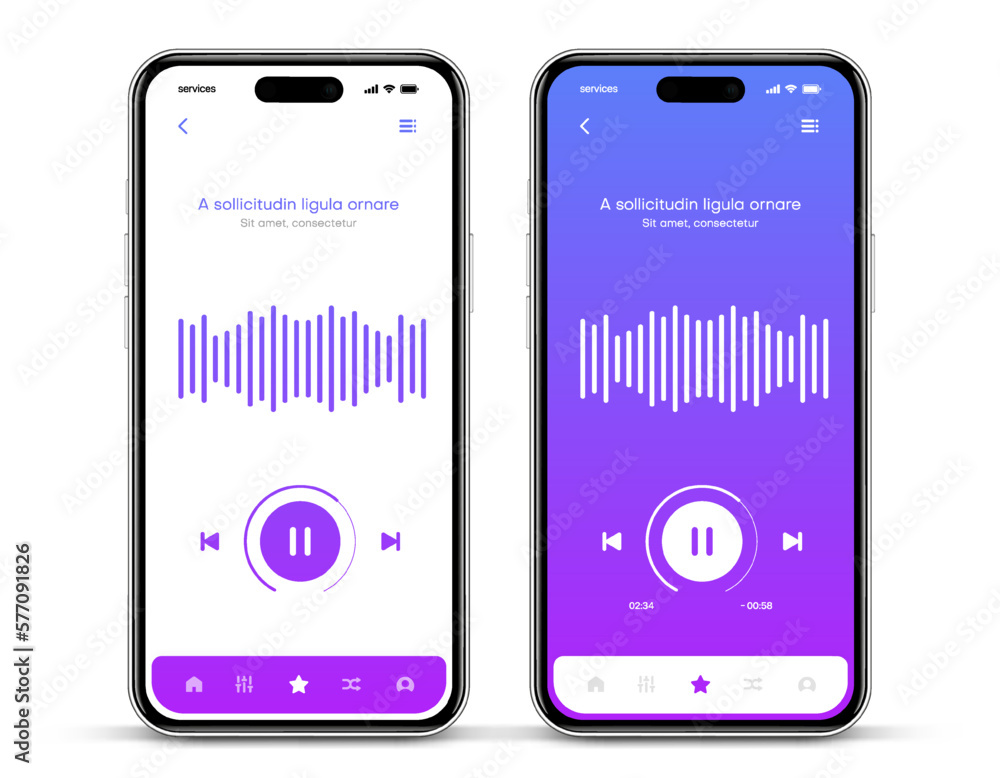 Poster Web mobile application interface for music player application for mobile app, business, website. Sound app UI UX GUI template. Responsive website wireframes. Web design UI kit. Music Dashboard.