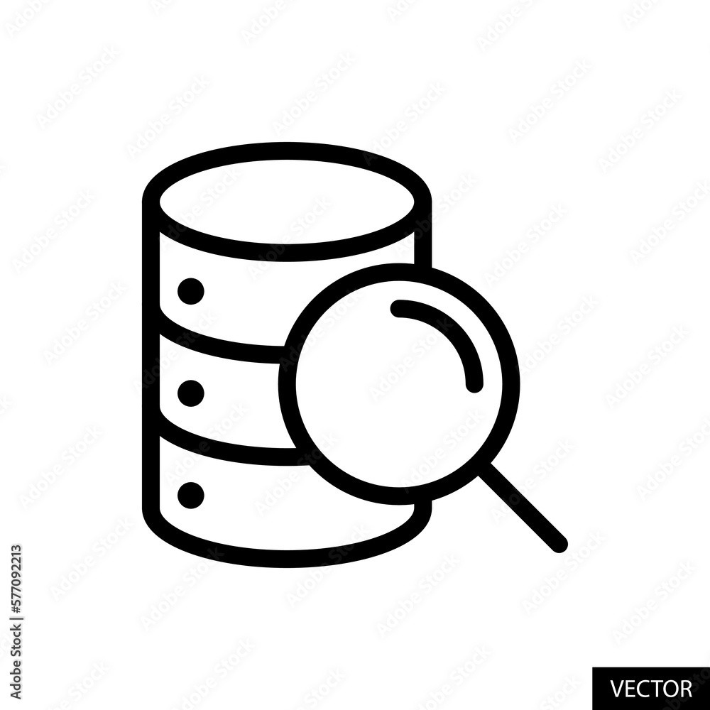 Poster search database, computer server and magnifying glass vector icon in line style design for website, 