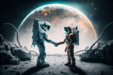 A Friendly Encounter Between Human and Alien with a welcoming hand shake. First Contact between humans and aliens. Ai generated