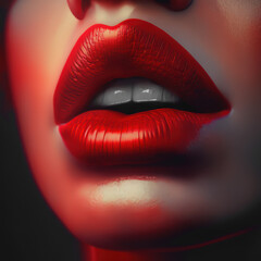 Women's open lips with red lipstick close -up. Expressive studio photo with a beautiful woman, the perfect make -up. AI Generative Content
