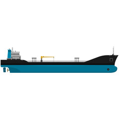 Flat oil tanker, blue cargo ship with fuel and petroleum transport 