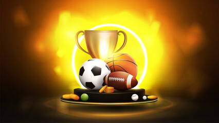 Podium with neon circle on background, champion cup, gold coins and sport balls in orange blurred scene