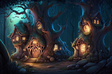 Fantasy houses in magic forest at night, Tree House Dwellings in Enchanted Forest at Night, Generative AI