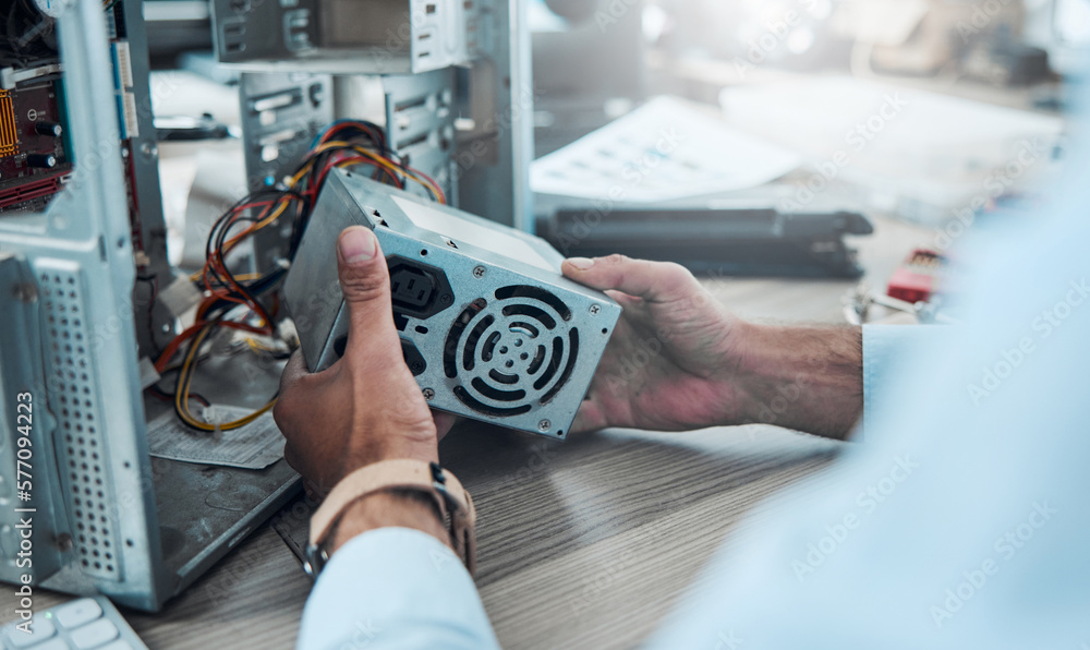 Poster Hardware, repair and computer with hands of man for cpu system, maintenance or it engineering. Electronic, motherboard and circuit with technician fixing equipment for technology, microchip or expert