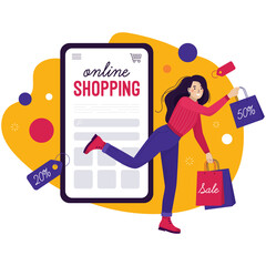 Online shopping, woman jumps out of smartphone with purchases, flat png illustration