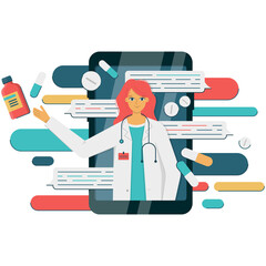 Smartphone with internet chat with a female doctor. Medical online diagnostics and consultation, png illustration 