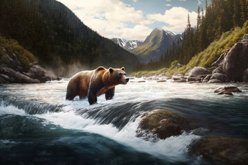 Brown Bear Chasing Wild Salmon in Nordic River Landscape. Ai generated