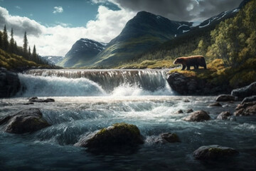 Fototapeta na wymiar Brown Bear Chasing Wild Salmon in Nordic River Landscape. Ai generated