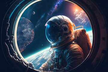 astronaut in space outside space station 