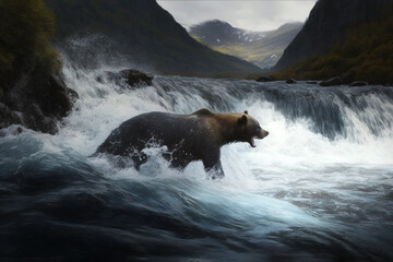 Naklejka premium Brown Bear Chasing Wild Salmon in Nordic River Landscape. Ai generated