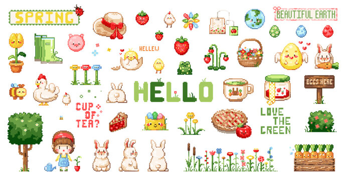 Pixel art cute spring farm and garden sticker set. 8 bit vintage video game style spring decorations pack like strawberries, animals, sweets, trees, planting, gardening, garden beds and plants.