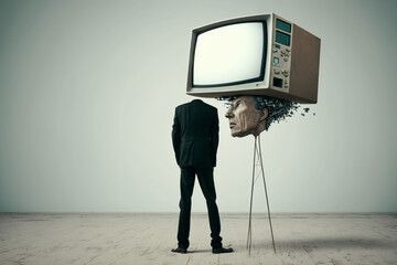 Businessman with a TV instead of his head, symbolizing the idea of media control and TV addiction. Ai generated